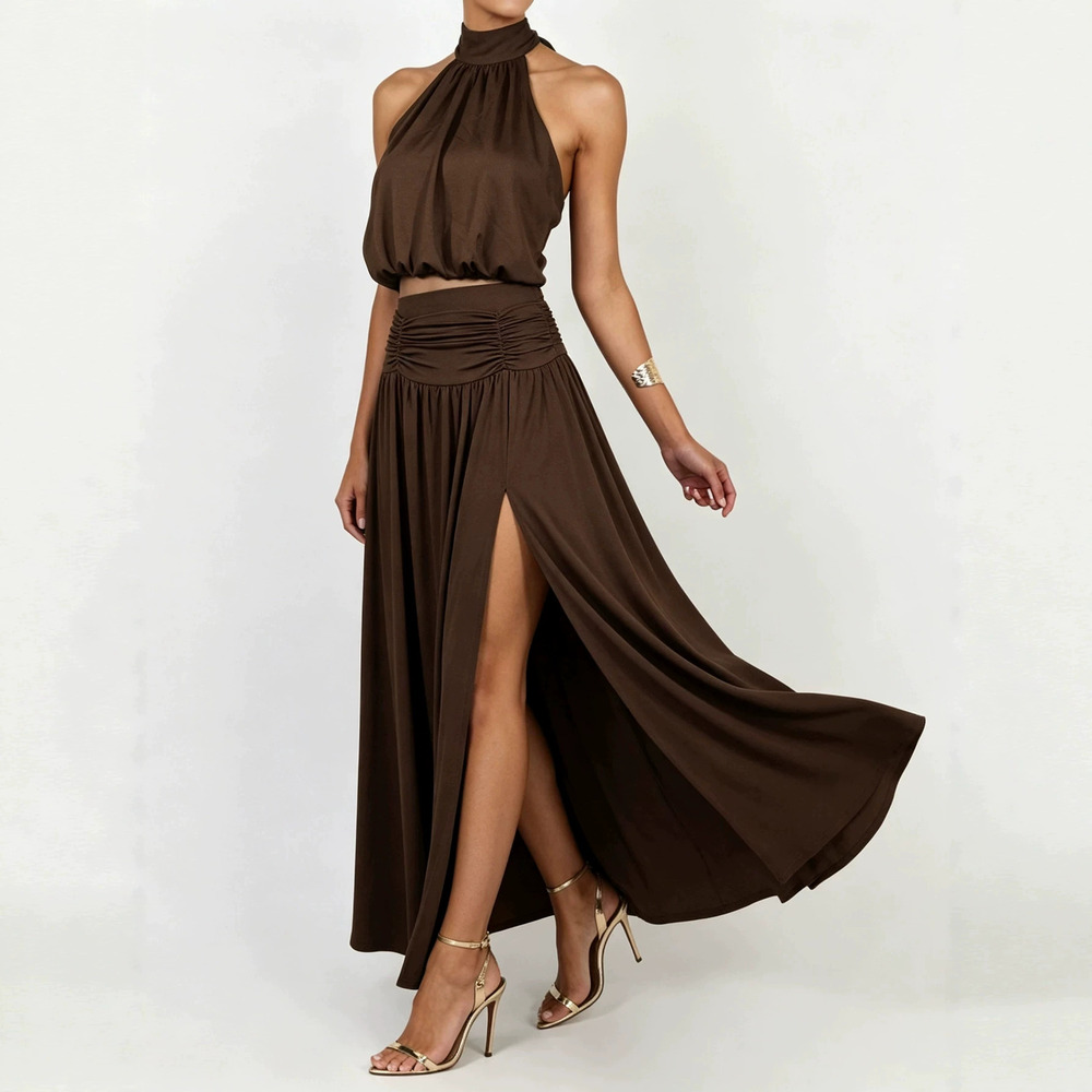 H&M Halter Backless Top High Waist Pleated Split Maxi Skirt Set Resort Vibe